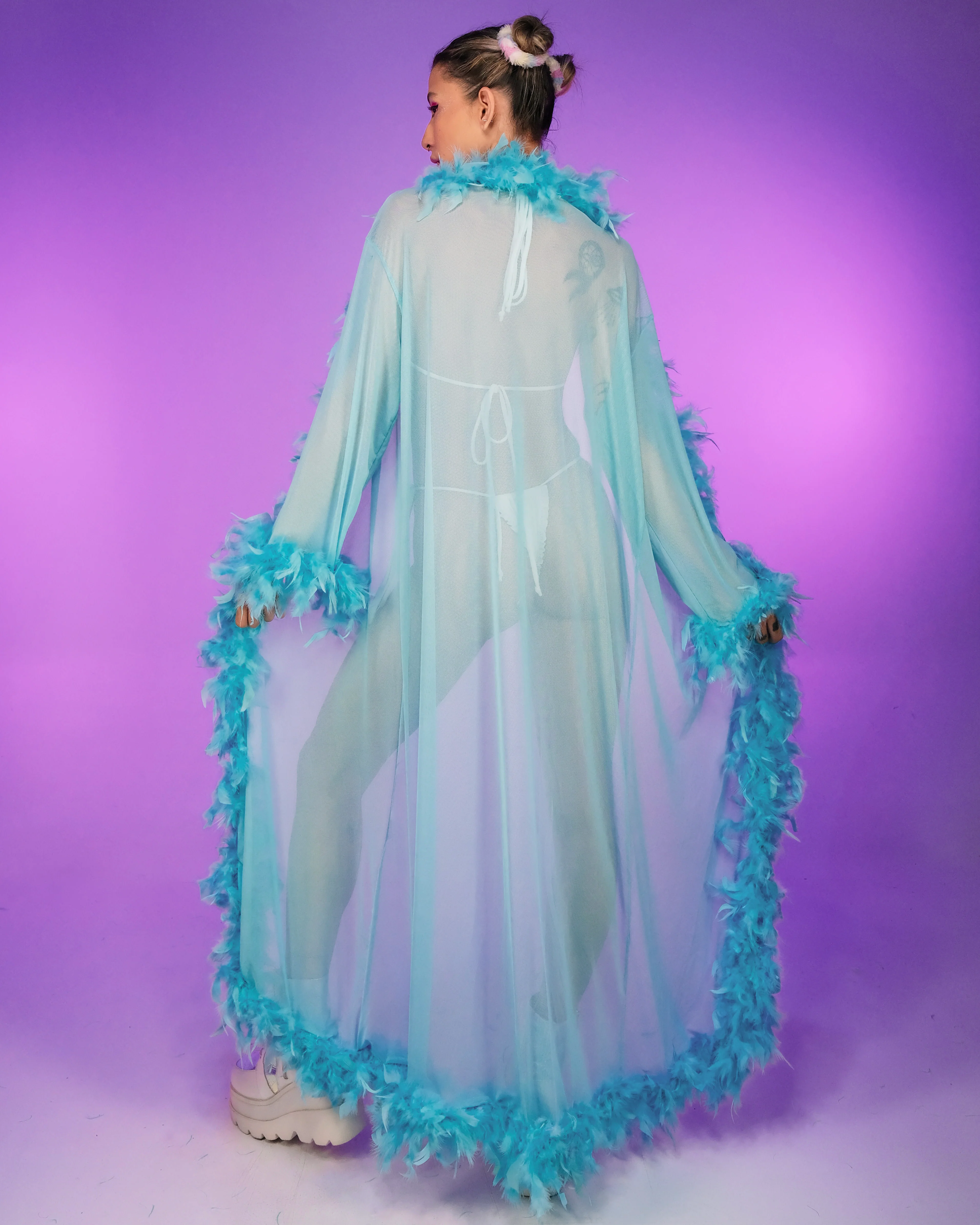 Lux Doll Sheer Long Robe With Boa Feather Trim - Image 10