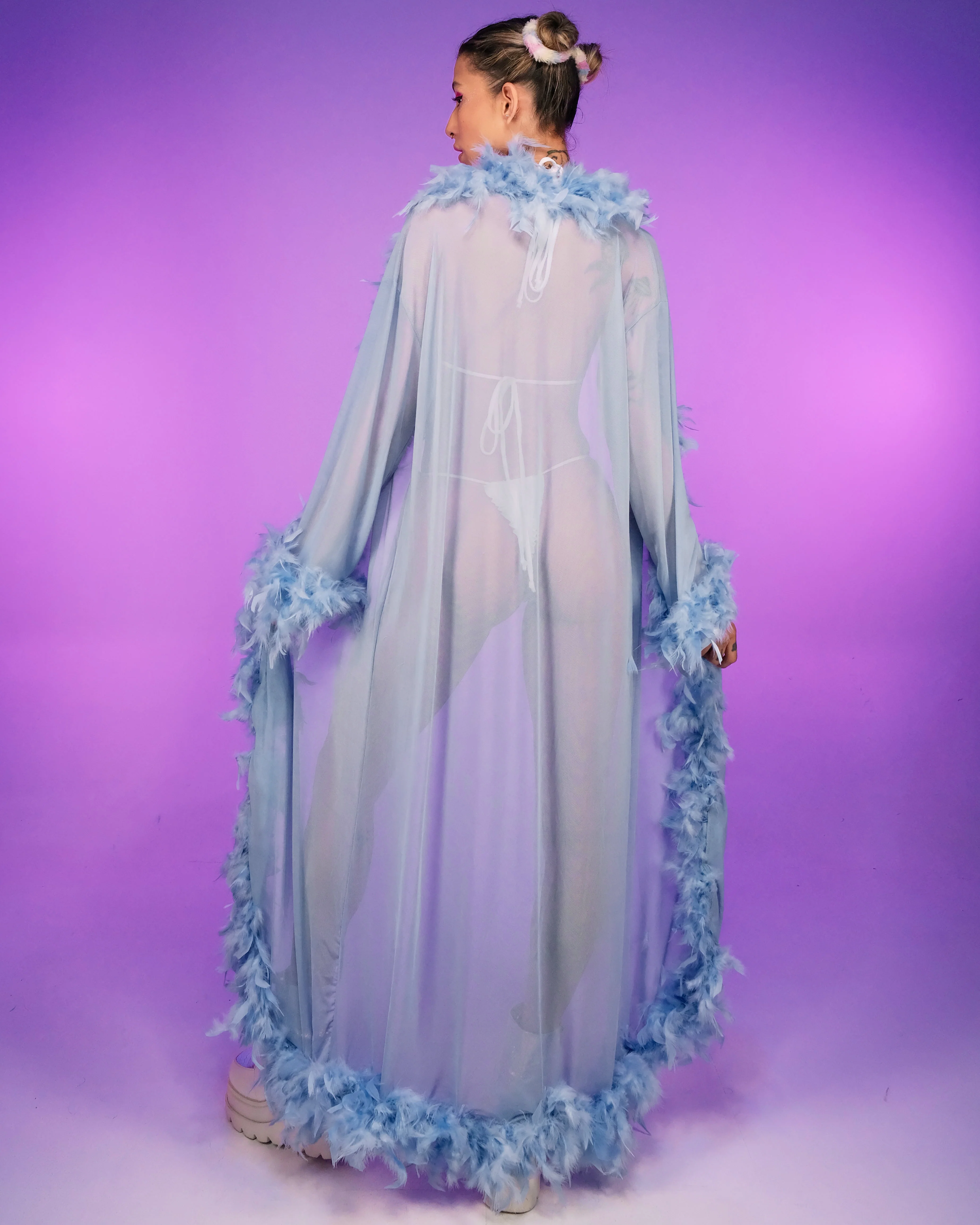 Lux Doll Sheer Long Robe With Boa Feather Trim - Image 4