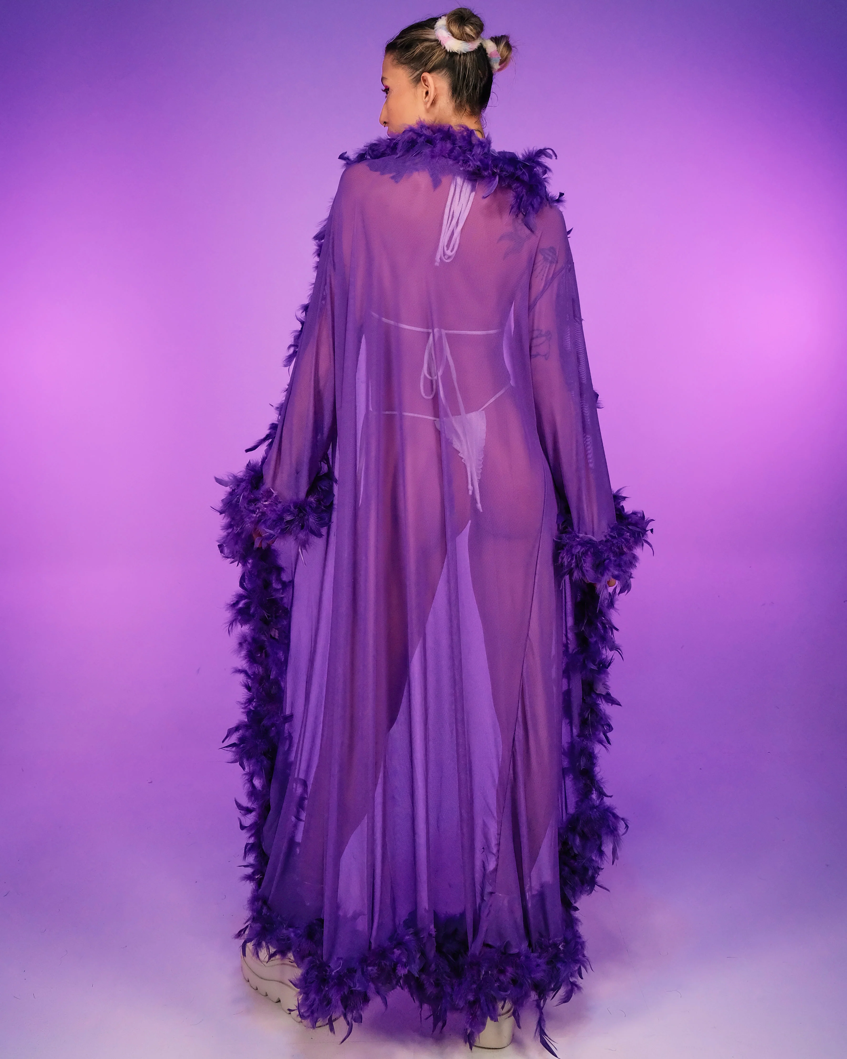 Lux Doll Sheer Long Robe With Boa Feather Trim - Image 8