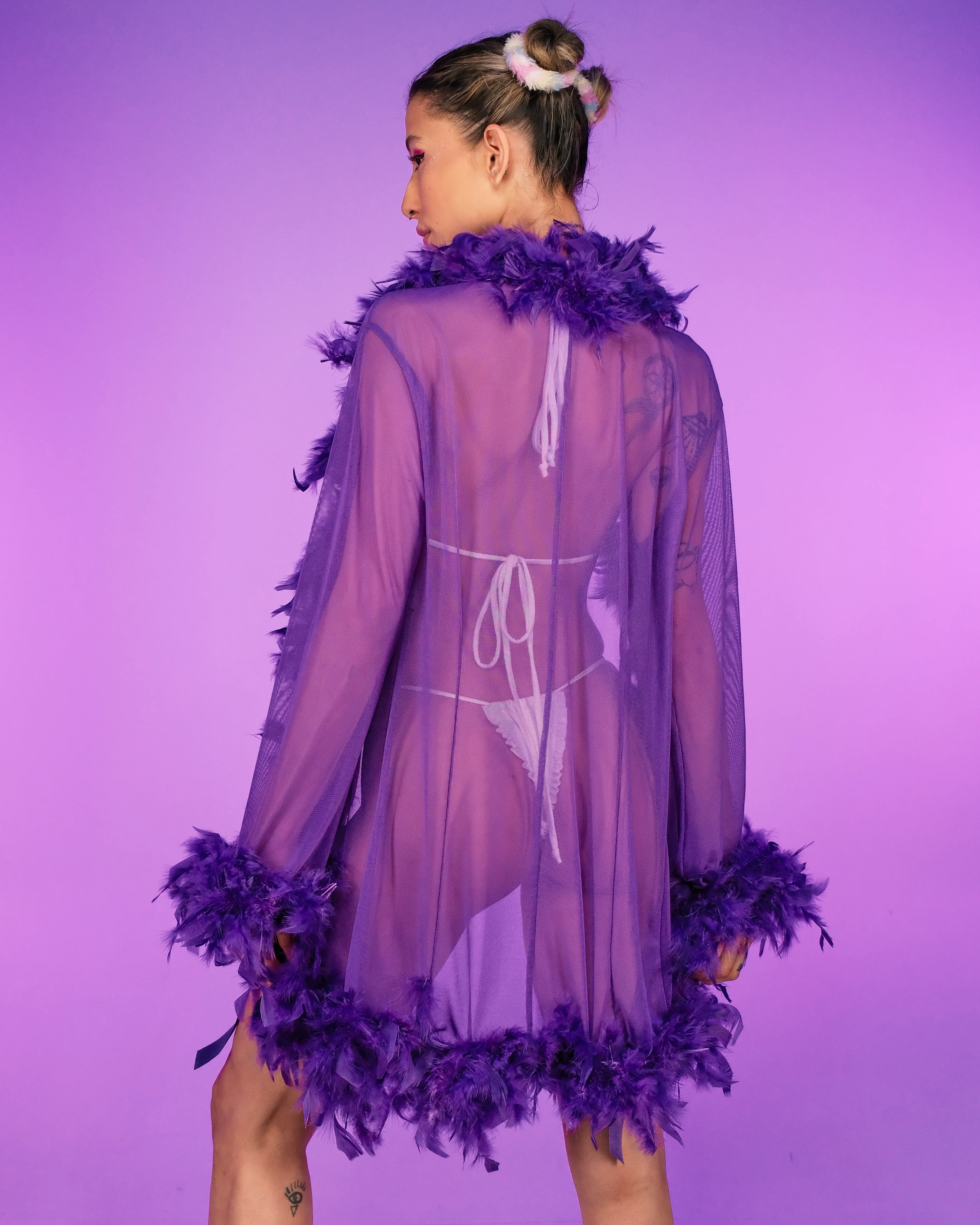 Lady Love Sheer Short Robe With Boa Feather Trim - Image 4
