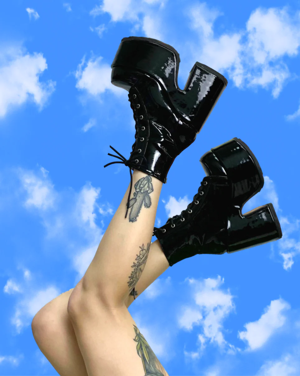 Demonia Black Patent Lace-Up Women's Platform Ankle Boots - Image 4