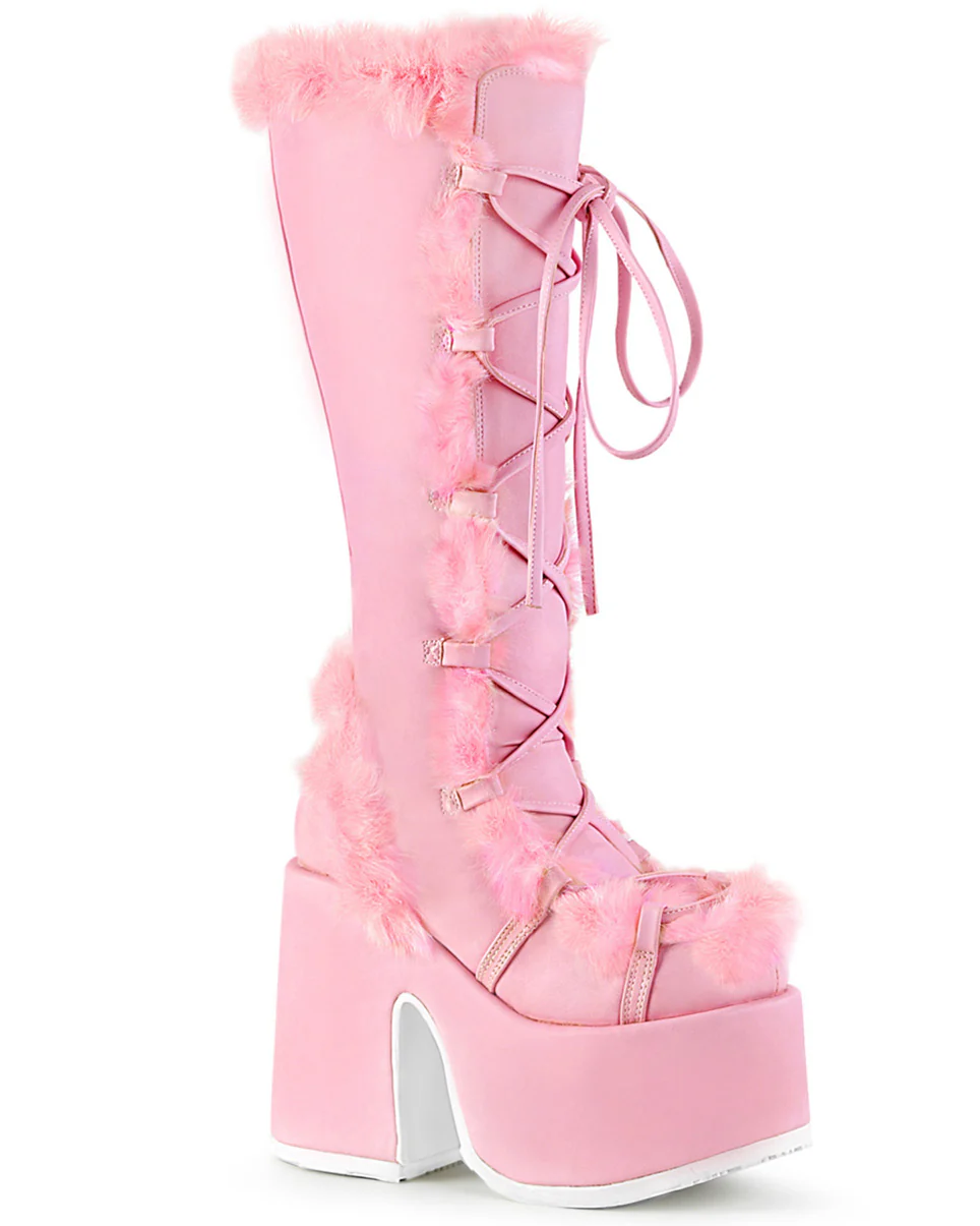 Demonia Pastel Pink Furry Winter Faux Fur Boots - Image 5