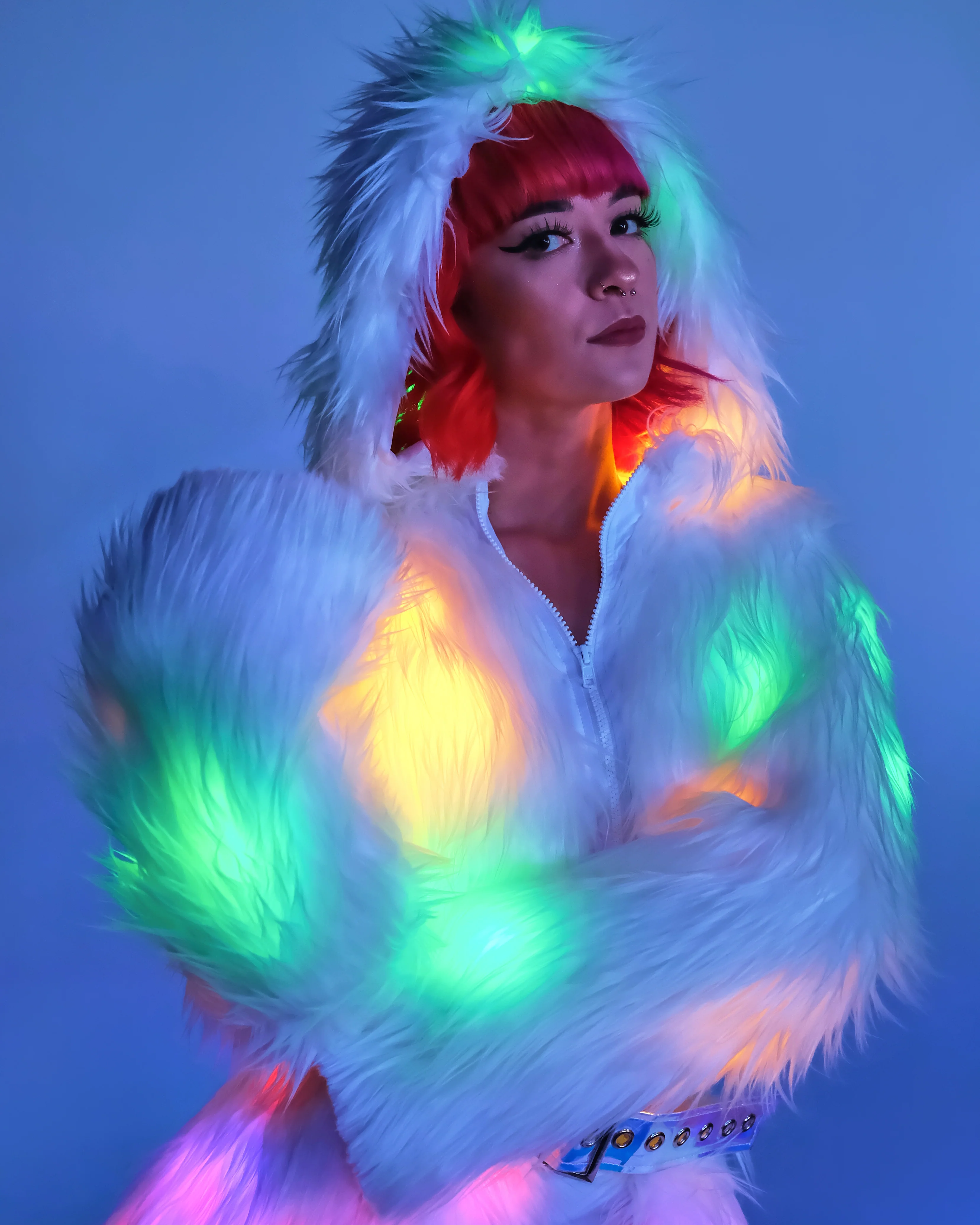 Multi-Color LED White Furry Cropped Hooded Jacket - Image 3