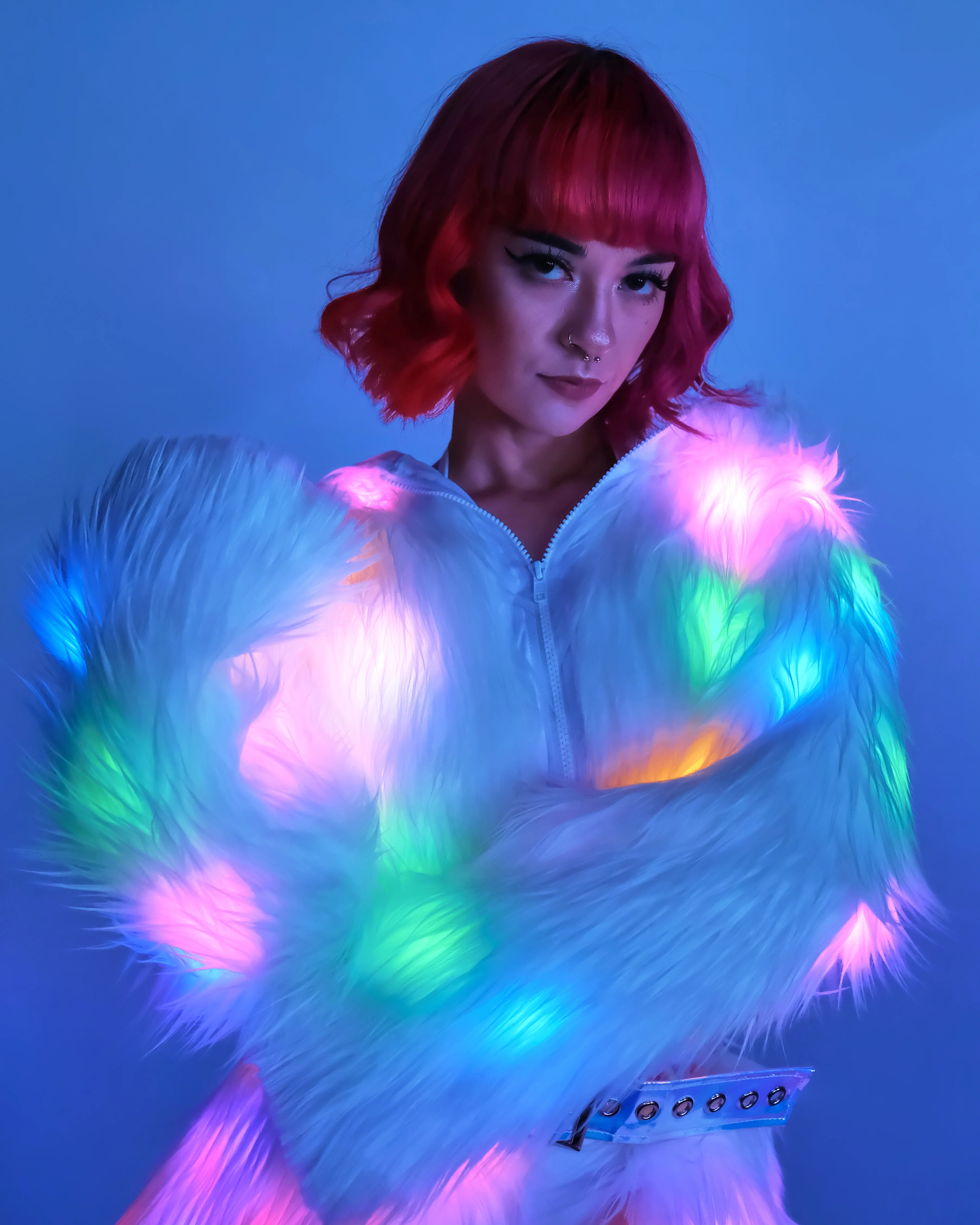 Multi-Color LED White Furry Cropped Hooded Jacket - Image 5