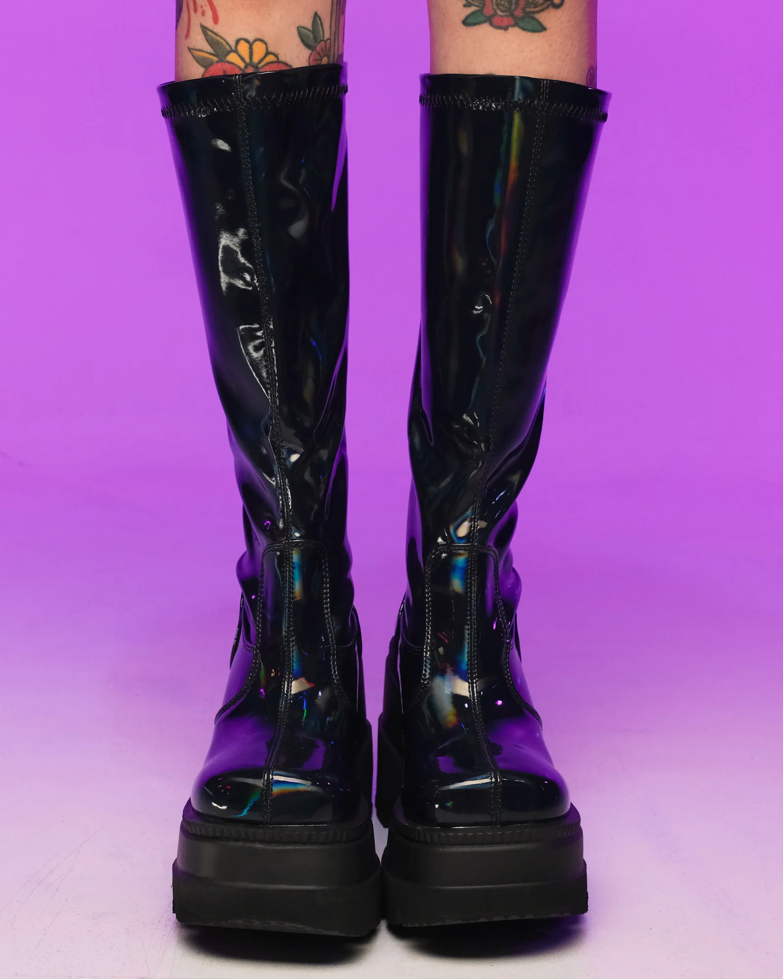 Demonia Shaker Black Holo Knee High Boots - Image 4