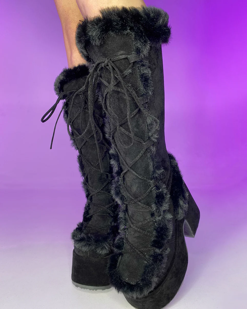Demonia Black Furry Winter Faux Fur Boots - Image 4