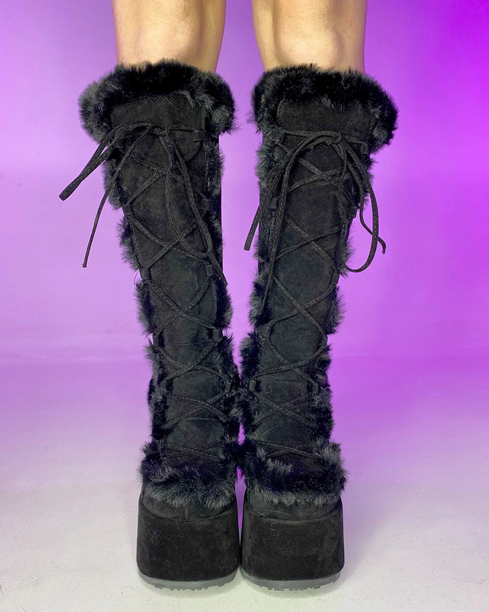 Demonia Black Furry Winter Faux Fur Boots - Image 5