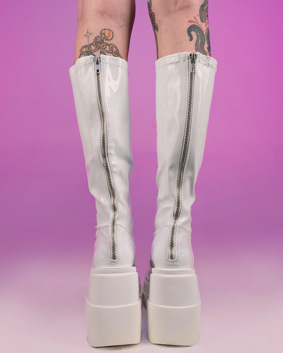 Demonia Shaker White Holo Knee High Boots - Image 3