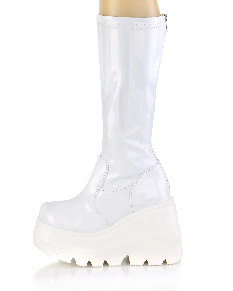 Demonia Shaker White Holo Knee High Boots - Image 5