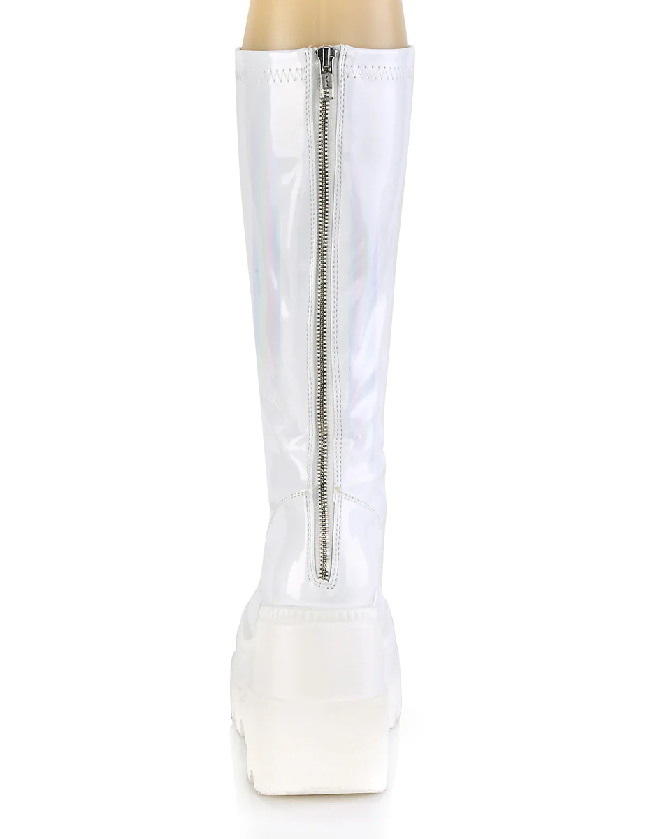 Demonia Shaker White Holo Knee High Boots - Image 7