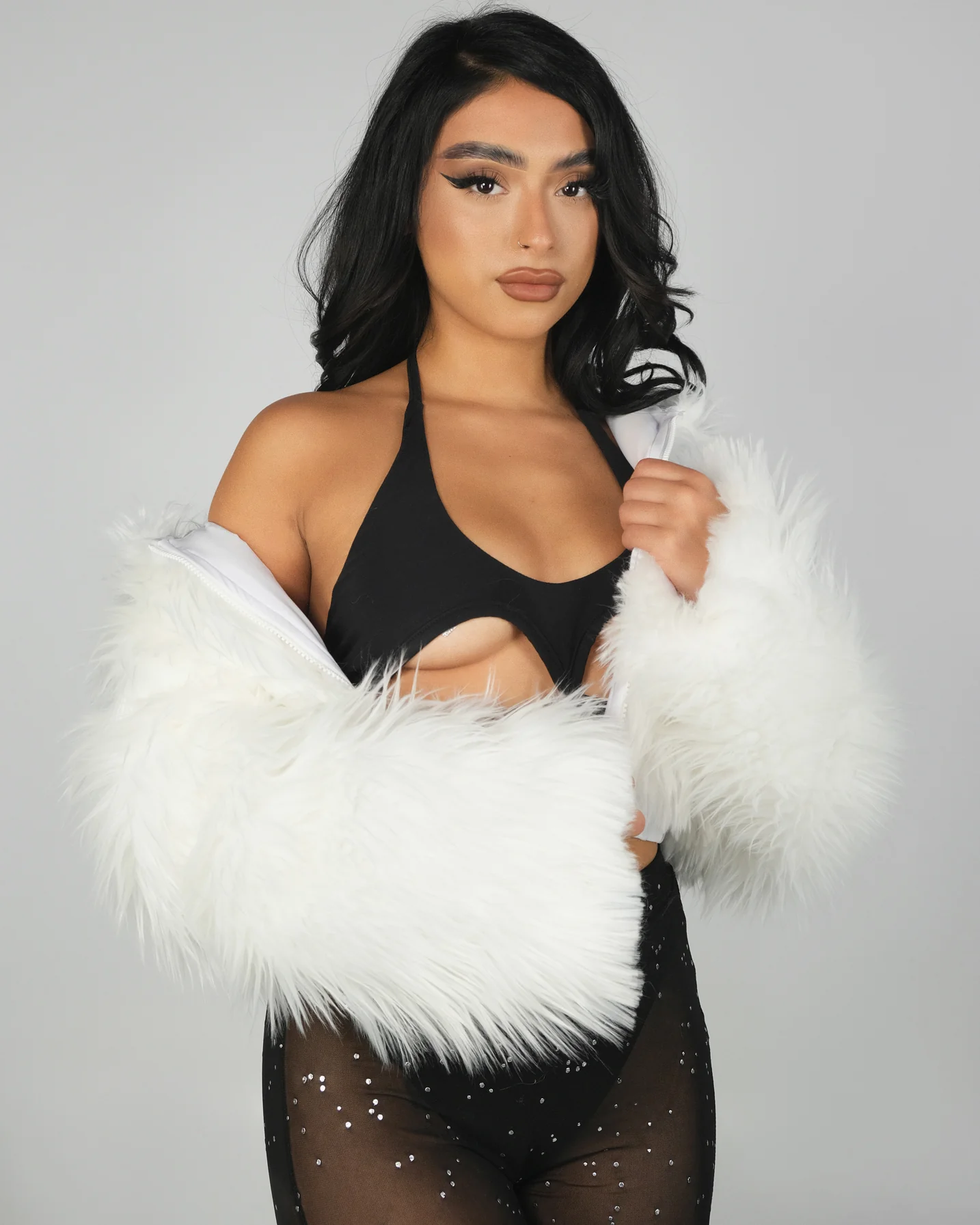 White LED White Furry Cropped Hooded Jacket - Image 10