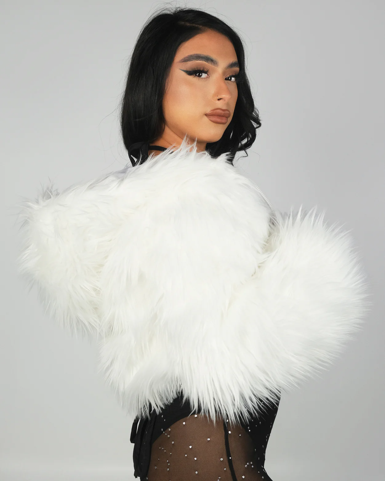 White LED White Furry Cropped Hooded Jacket - Image 11