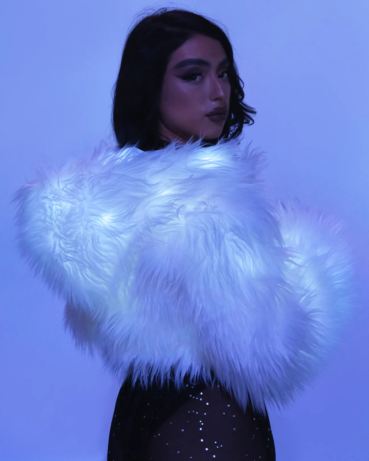 White LED White Furry Cropped Hooded Jacket - Image 12
