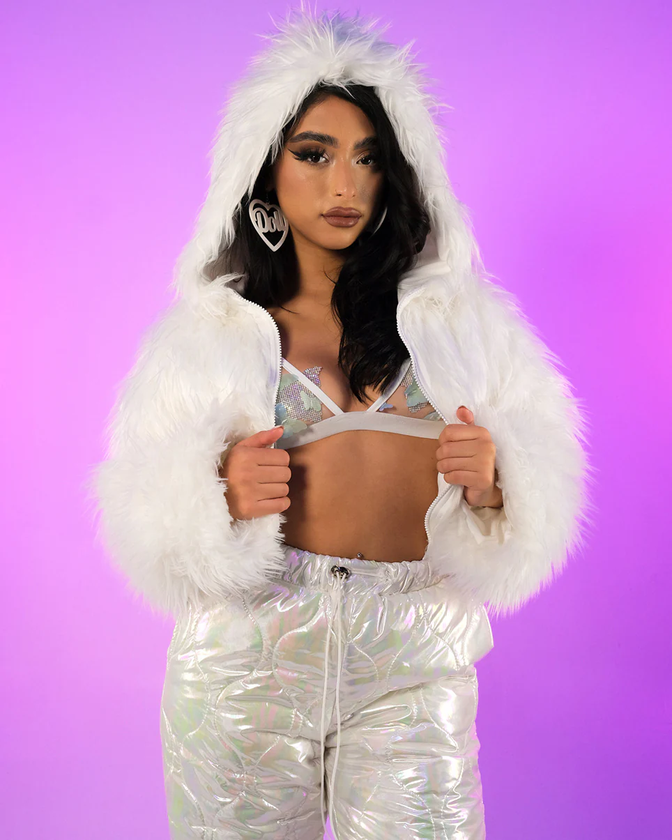 White LED White Furry Cropped Hooded Jacket - Image 4