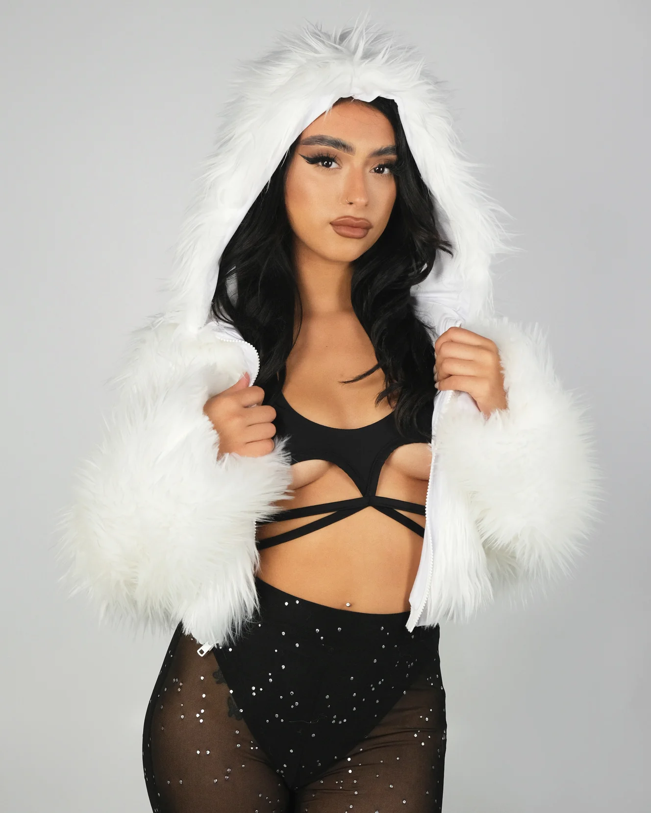 White LED White Furry Cropped Hooded Jacket - Image 5