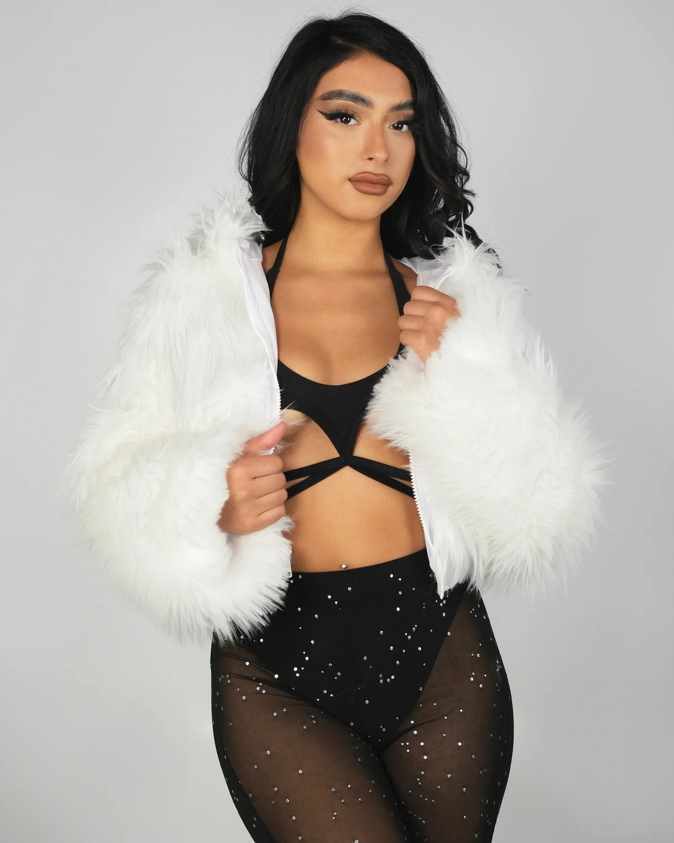 White LED White Furry Cropped Hooded Jacket - Image 9