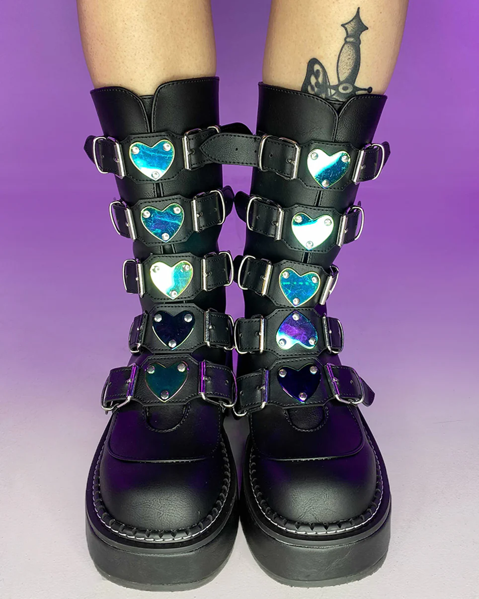 Demonia Emily Vegan Leather Heart-Buckle Boot - Image 3