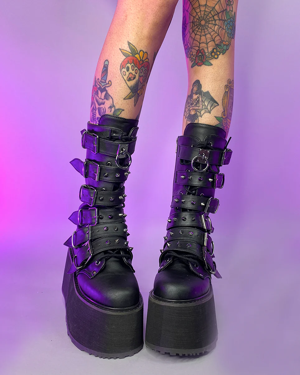 Demonia Matte Black Studded Mid-Calf Platform Boots - Image 3