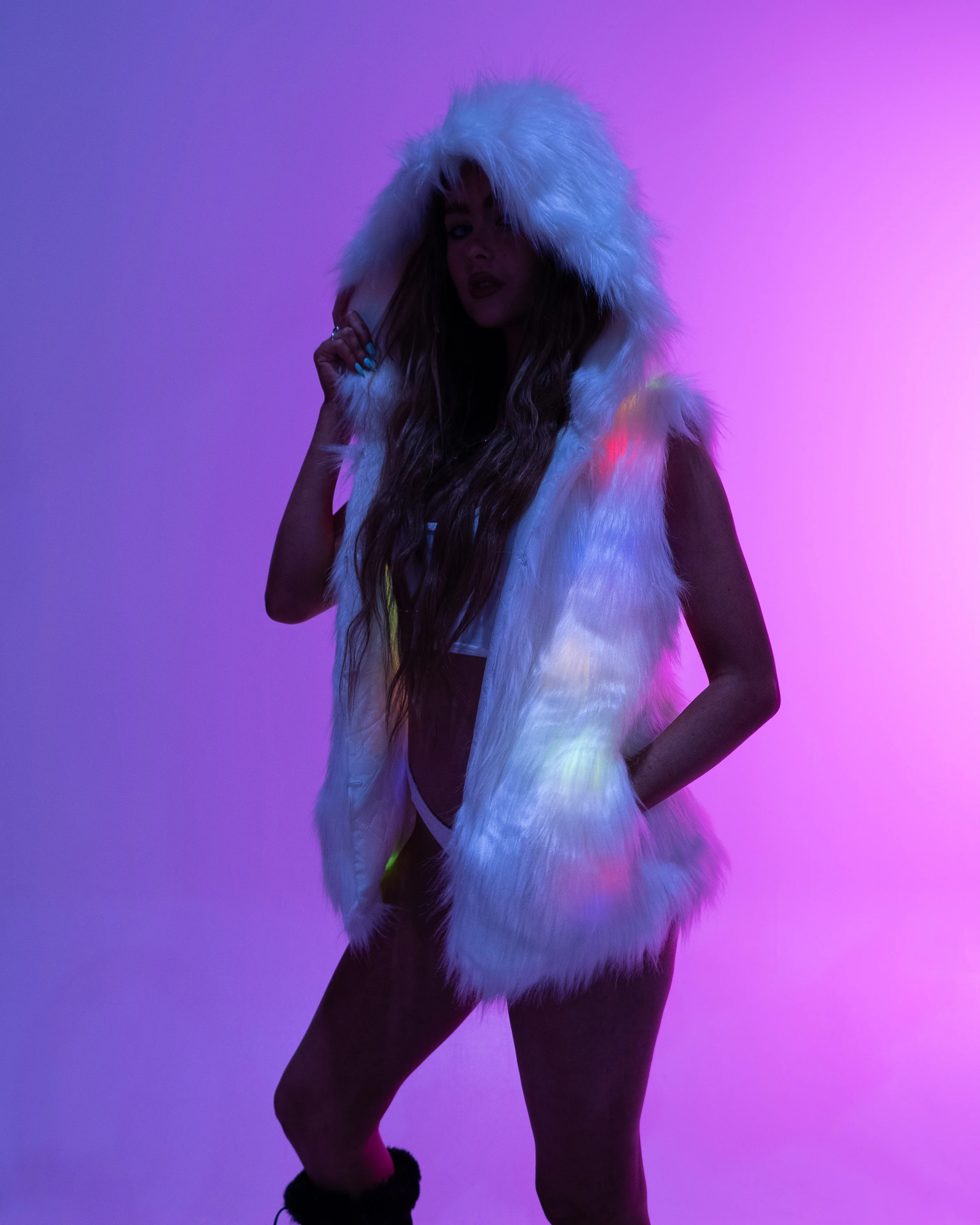 Multi-Color LED Hooded Faux Fur Vest - Image 4