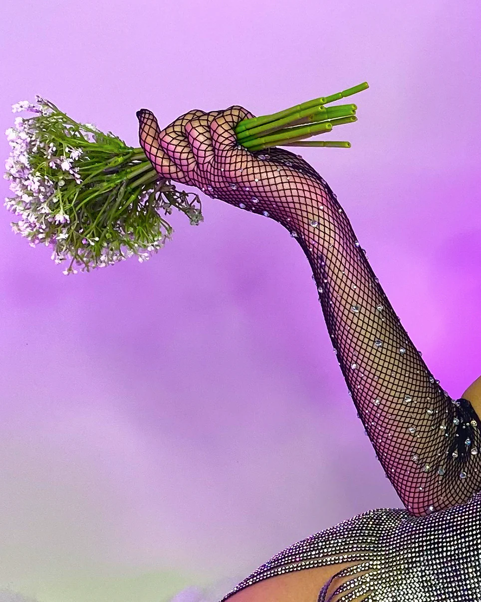 Black Rhinestone Fishnet Long Gloves - Image 3