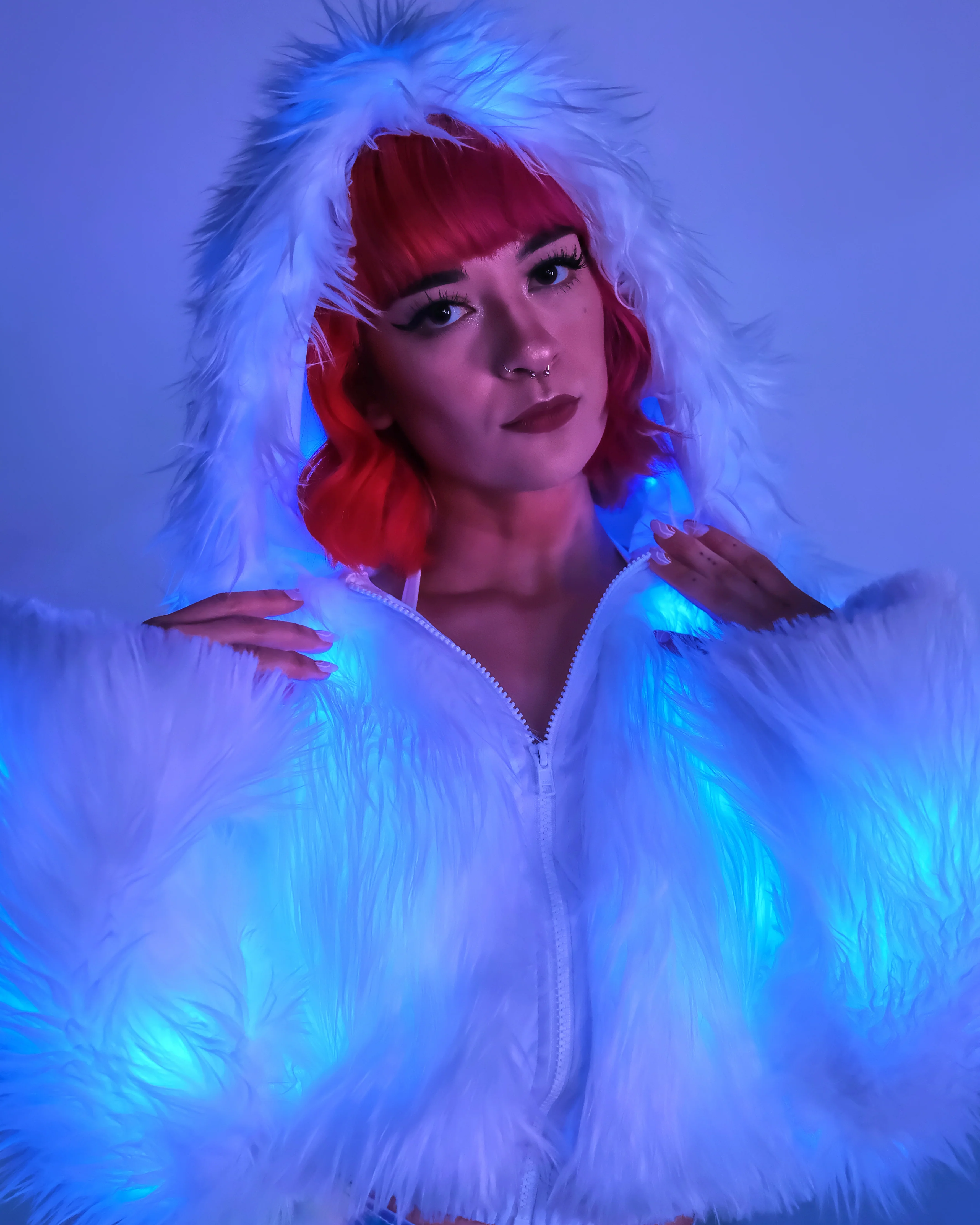 Blue LED White Furry Cropped Hooded Jacket - Image 3