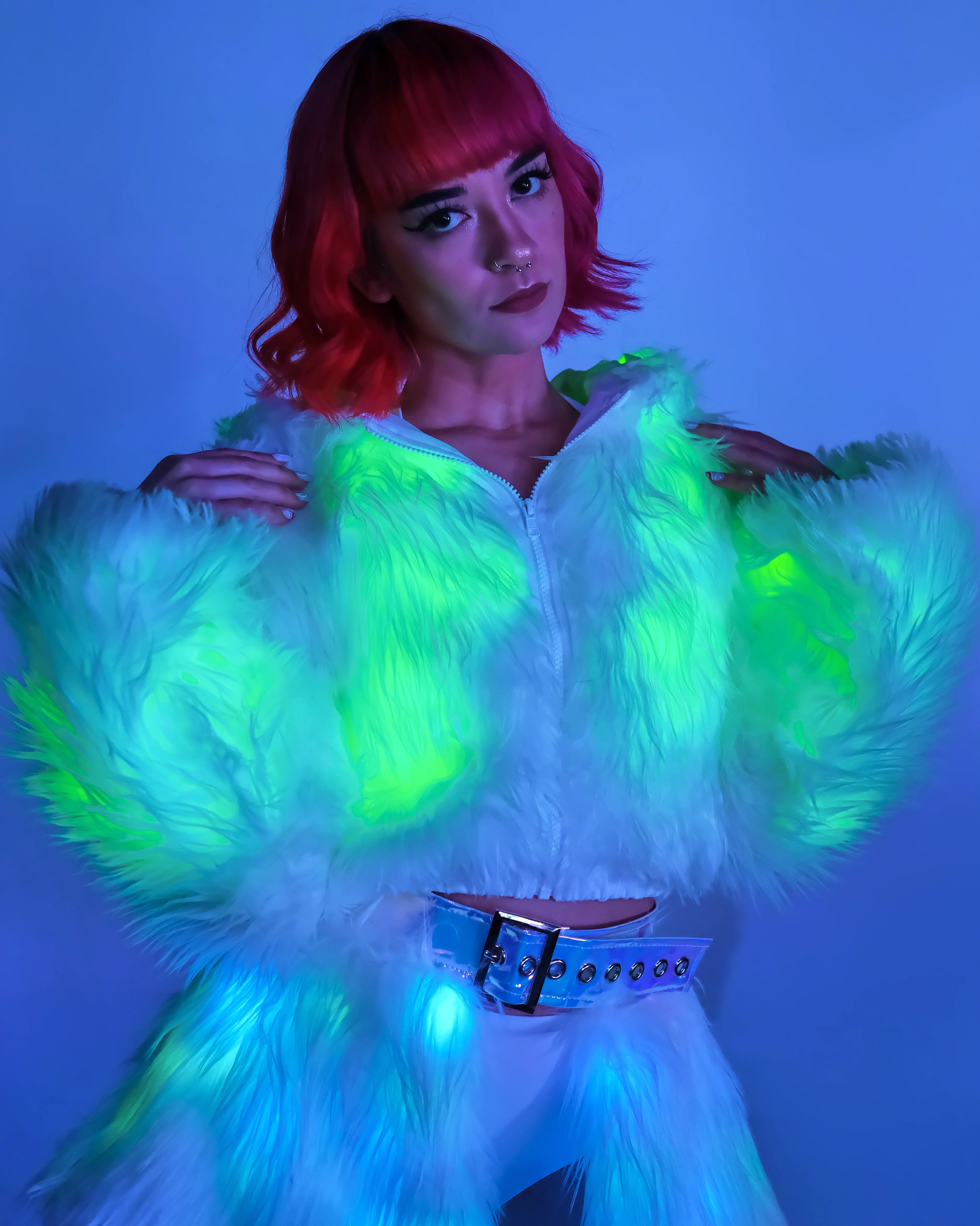 Green LED White Furry Cropped Hooded Jacket - Image 3