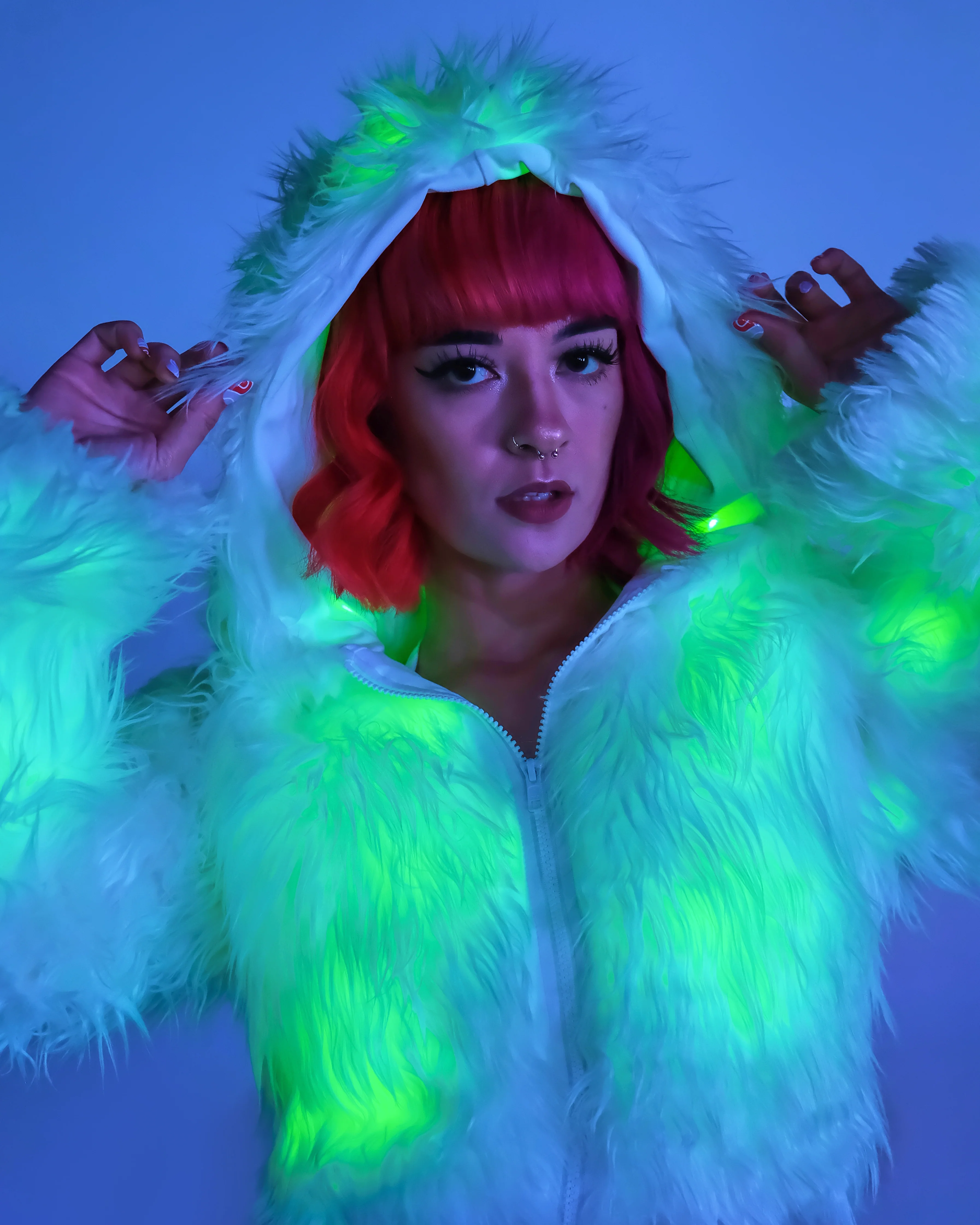 Green LED White Furry Cropped Hooded Jacket - Image 4