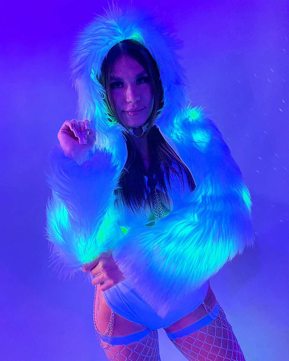 Green LED White Furry Cropped Hooded Jacket - Image 5