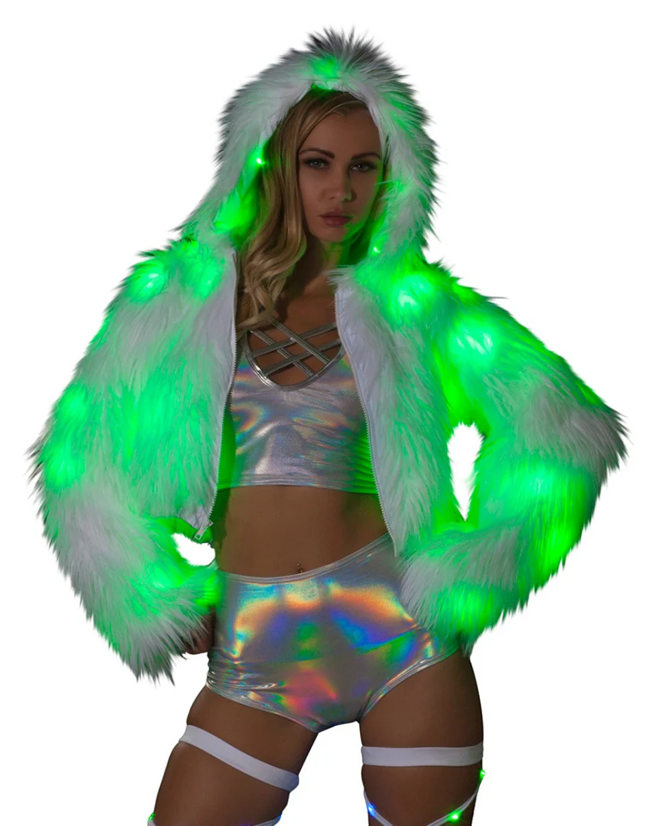 Green LED White Furry Cropped Hooded Jacket - Image 6