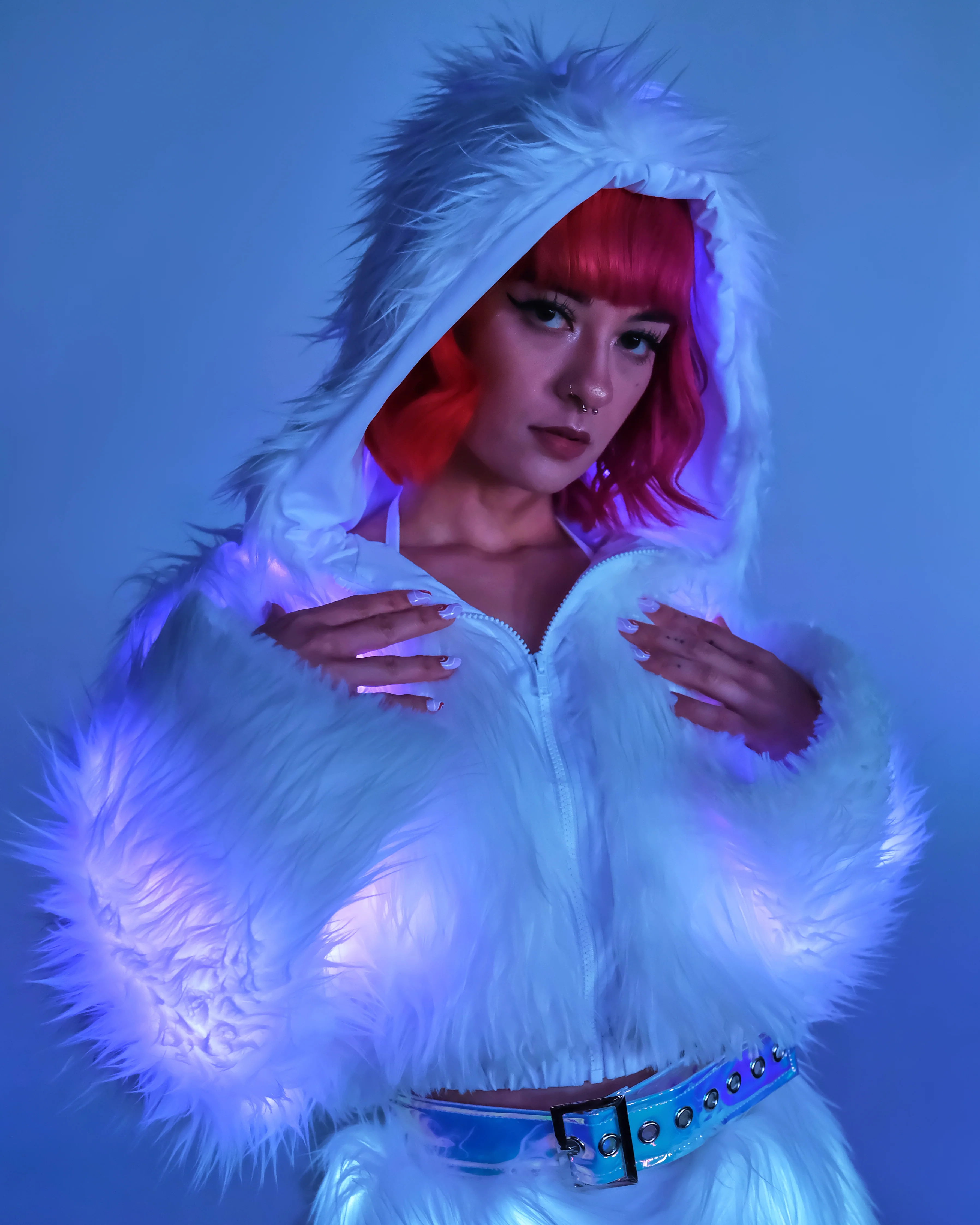 Lavender LED White Furry Cropped Hooded Jacket - Image 4