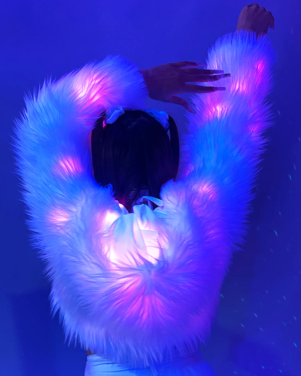 Pink LED White Furry Cropped Hooded Jacket - Image 10