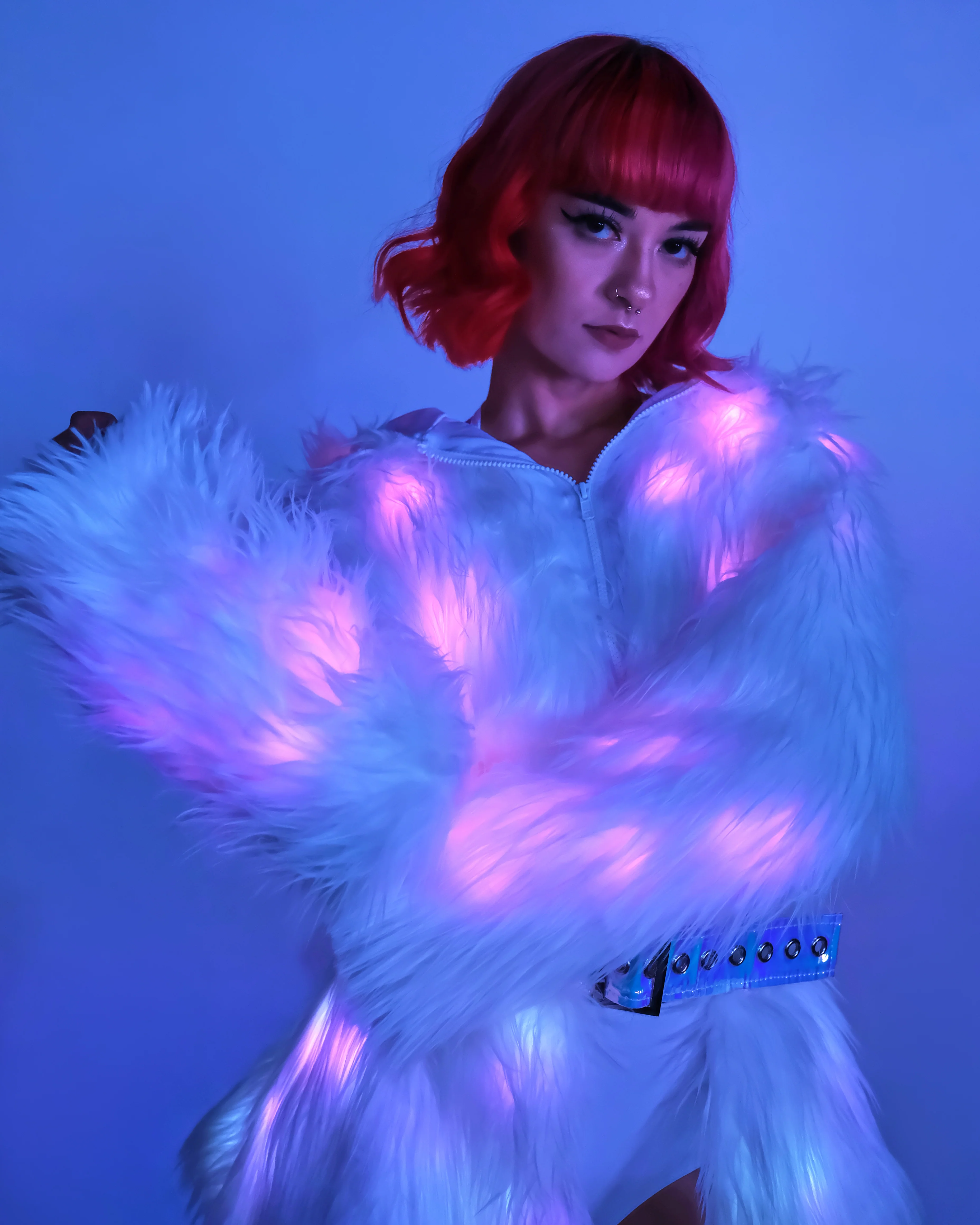 Pink LED White Furry Cropped Hooded Jacket - Image 3