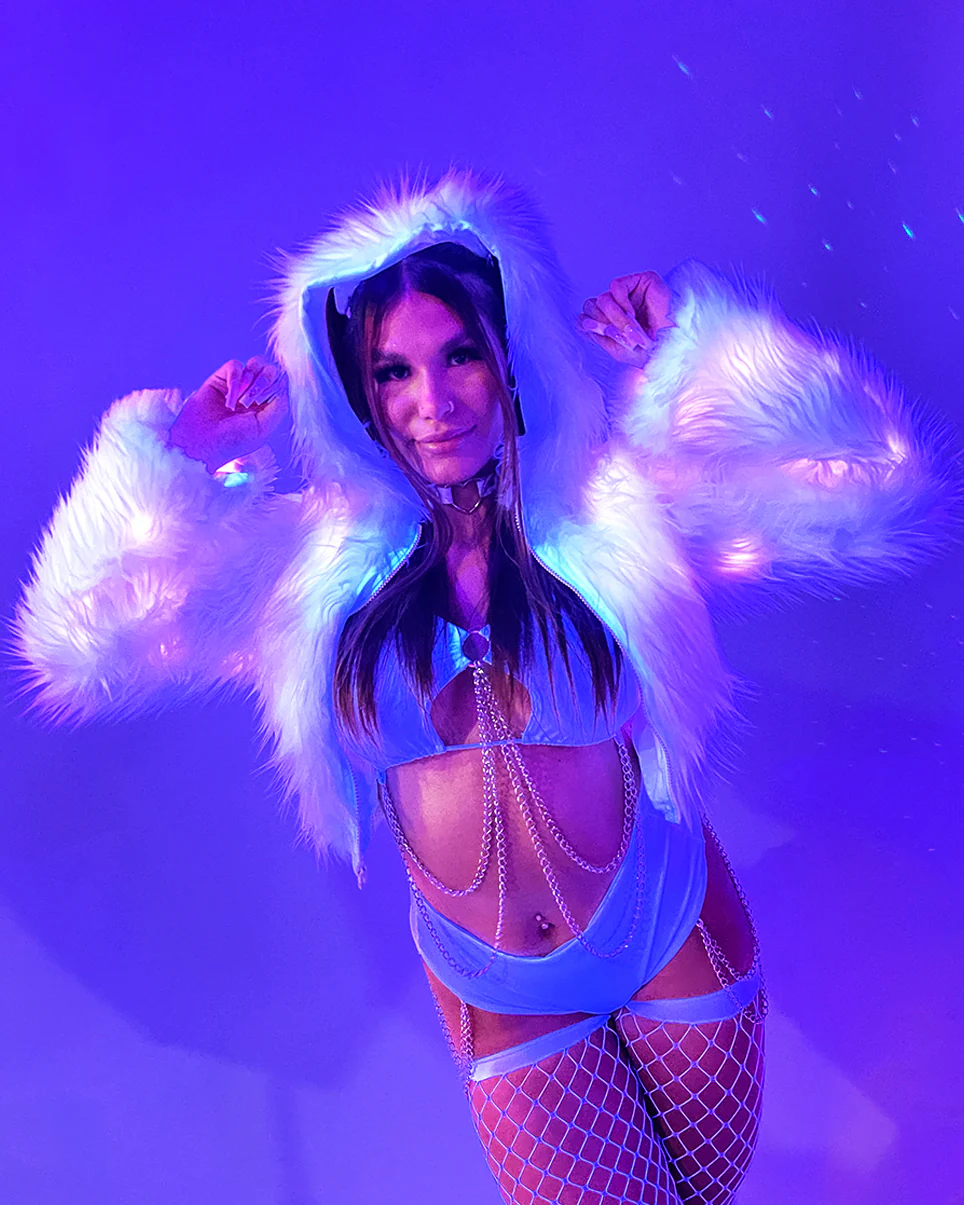 Pink LED White Furry Cropped Hooded Jacket - Image 5