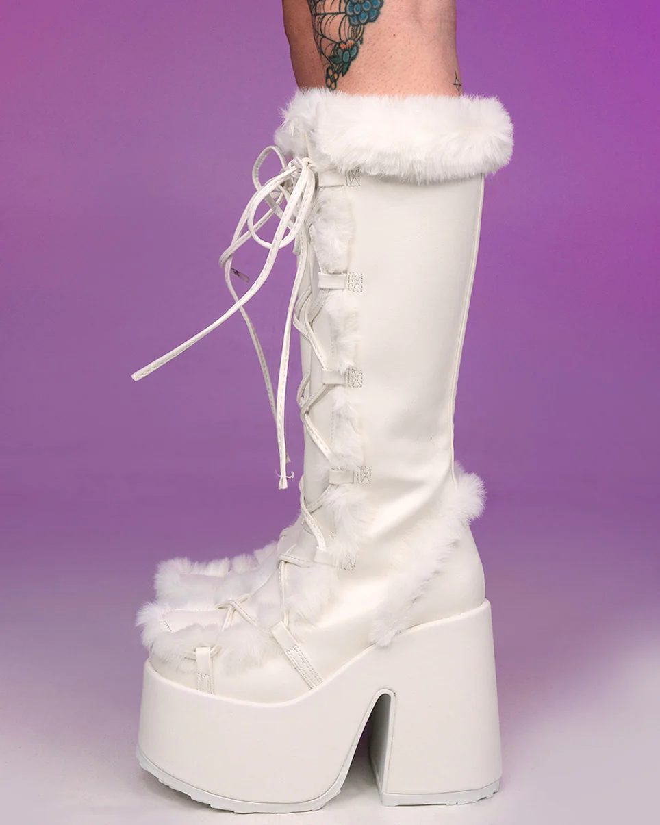 Demonia White Furry Winter Faux Fur Boots - Image 3