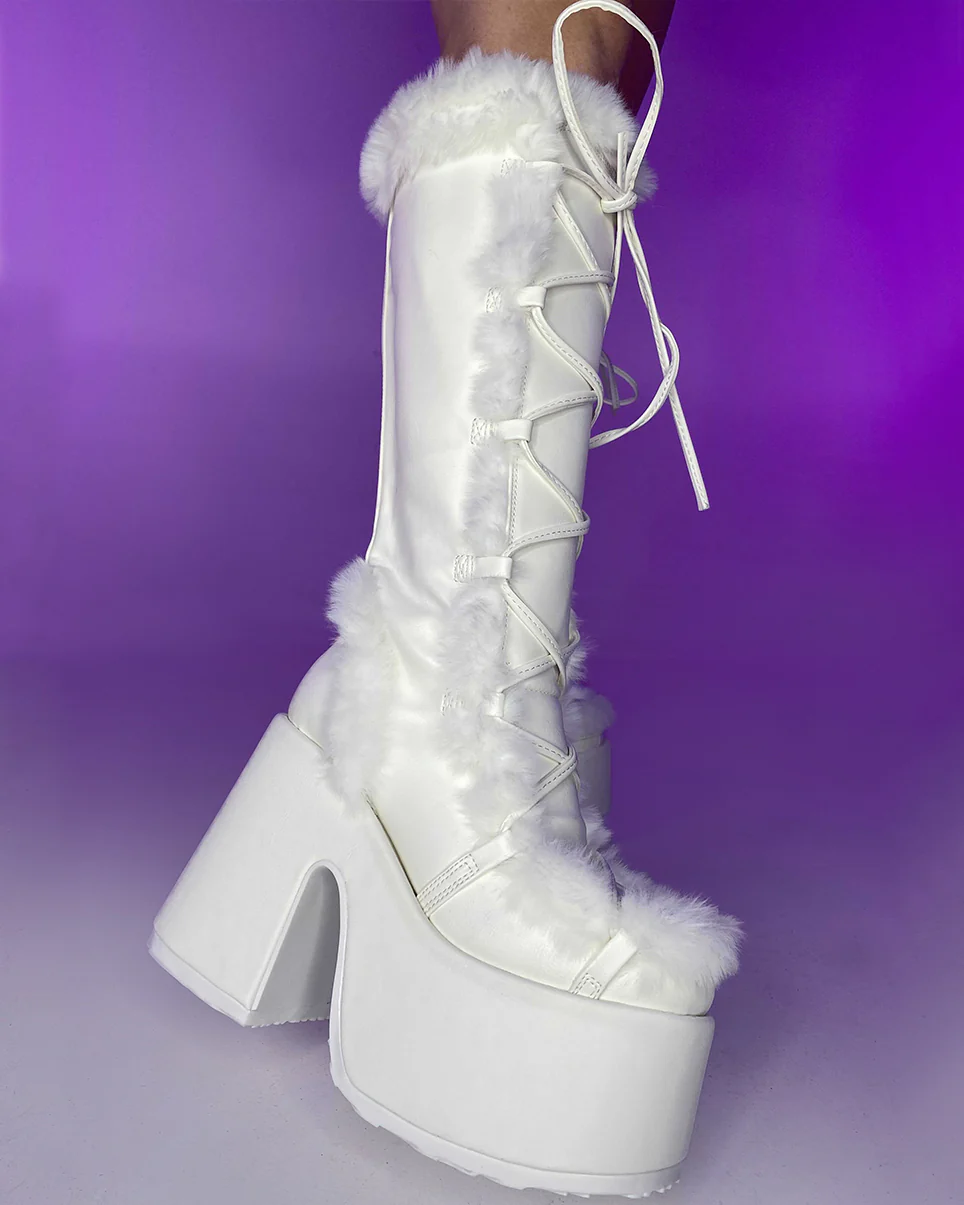 Demonia White Furry Winter Faux Fur Boots - Image 4