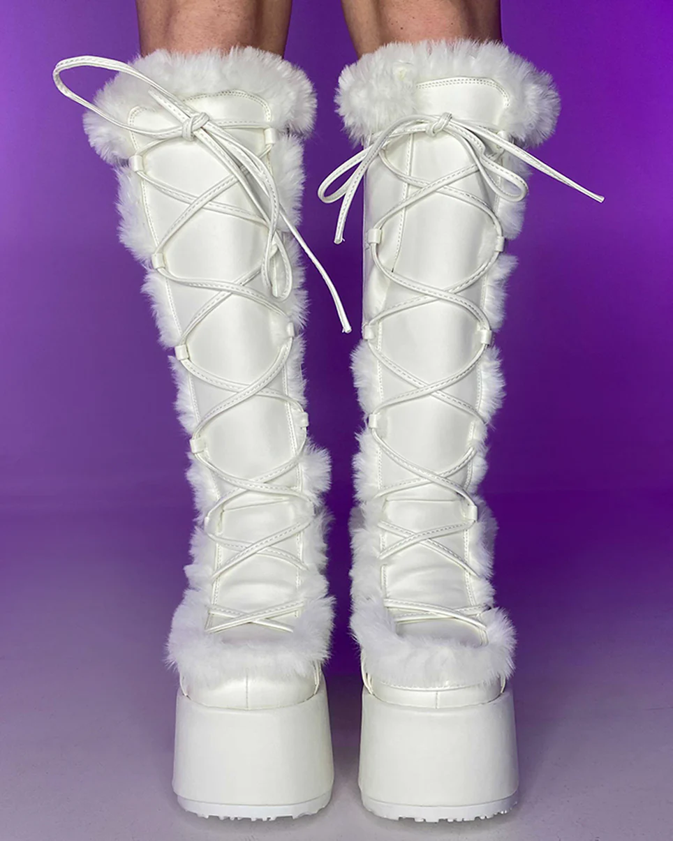 Demonia White Furry Winter Faux Fur Boots - Image 5